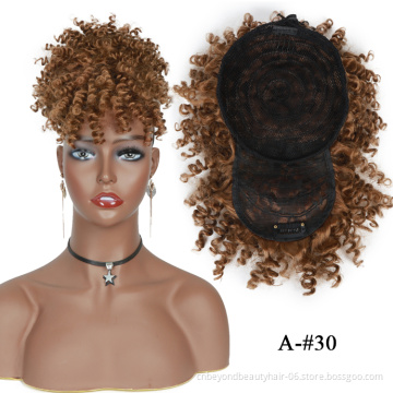 Short Drawstring High Puff Afro Kinky Curly Ponytail With Bangs Wig Pony Tail Hairpiece Wrap Synthetic Clip In Hair Extensions